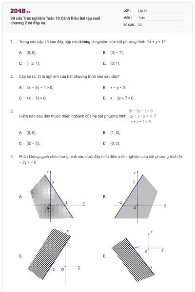30 câu Trắc nghiệm Toán 10 Cánh Diều Bài tập cuối chương 2 có đáp án