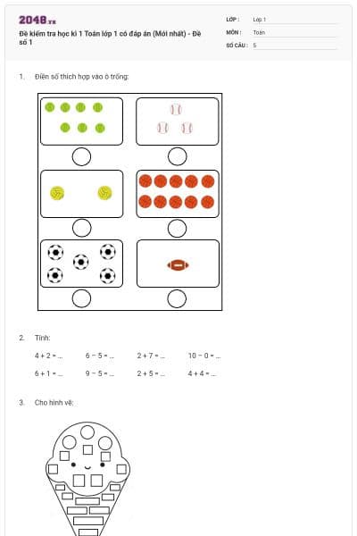 Đề kiểm tra học kì 1 Toán lớp 1 có đáp án (Mới nhất) - Đề số 1