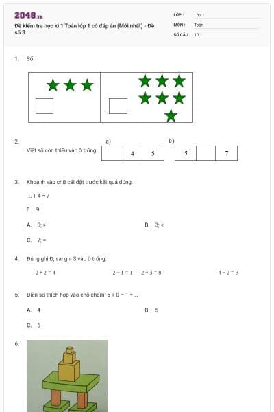 Đề kiểm tra học kì 1 Toán lớp 1 có đáp án (Mới nhất) - Đề số 3