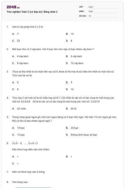 Trắc nghiệm Toán 2 (có đáp án): Bảng nhân 2