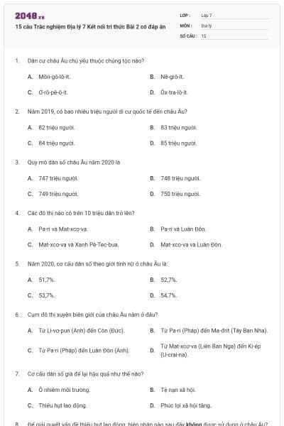 15 câu Trắc nghiệm Địa lý 7 Kết nối tri thức Bài 2 có đáp án