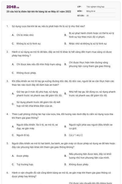 20 câu hỏi bị điểm liệt khi thi bằng lái xe Máy A1 năm 2022