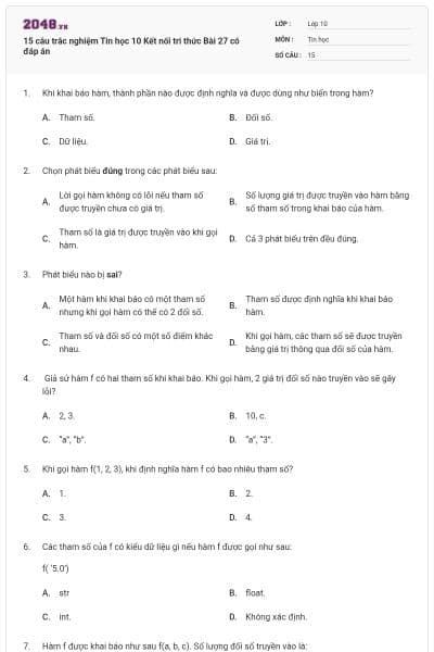 15 câu trắc nghiệm Tin học 10 Kết nối tri thức Bài 27 có đáp án