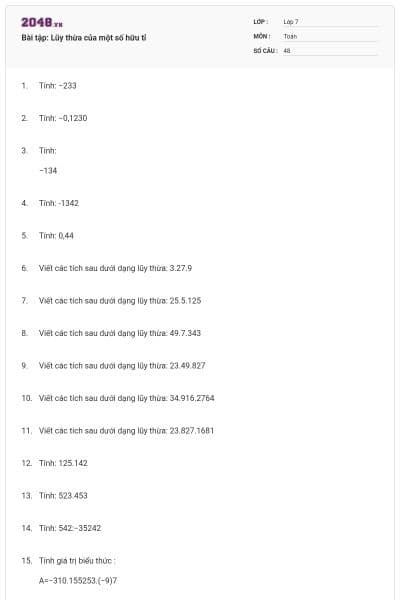 Bài tập: Lũy thừa của một số hữu tỉ