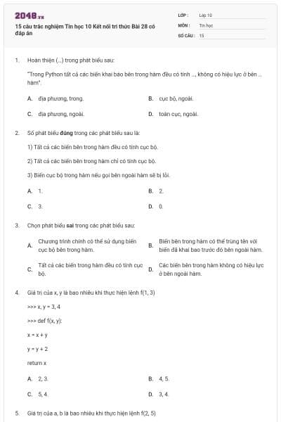 15 câu trắc nghiệm Tin học 10 Kết nối tri thức Bài 28 có đáp án