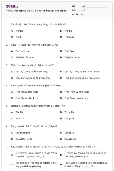 16 câu Trắc nghiệm Địa lý 7 Kết nối tri thức Bài 9 có đáp án