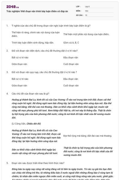 Trắc nghiệm Viết đoạn văn trình bày luận điểm có đáp án