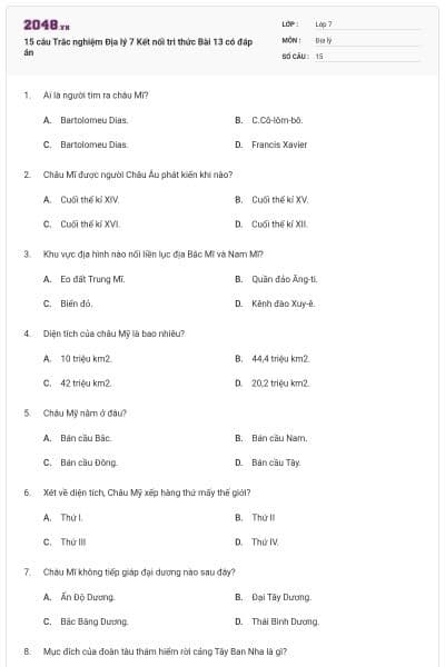 15 câu Trắc nghiệm Địa lý 7 Kết nối tri thức Bài 13 có đáp án