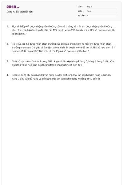 Dạng 4: Bài toán lời văn