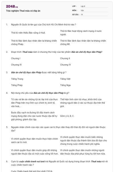 Trắc nghiệm Thuế máu có đáp án