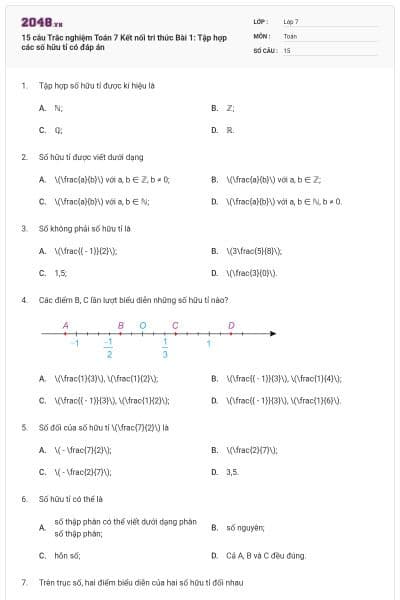 15 câu Trắc nghiệm Toán 7 Kết nối tri thức Bài 1: Tập hợp các số hữu tỉ có đáp án