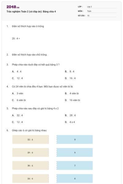 Trắc nghiệm Toán 2 (có đáp án): Bảng chia 4
