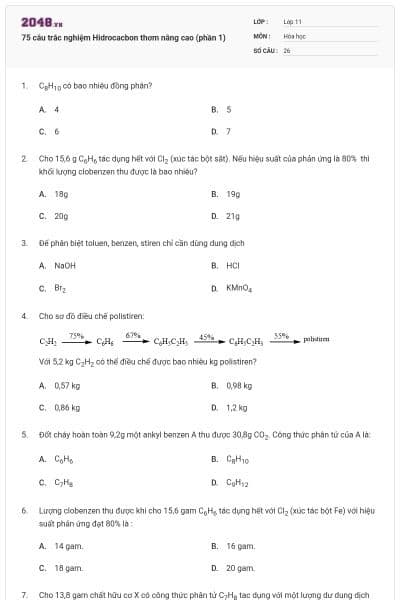 75 câu trắc nghiệm Hidrocacbon thơm nâng cao (phần 1)