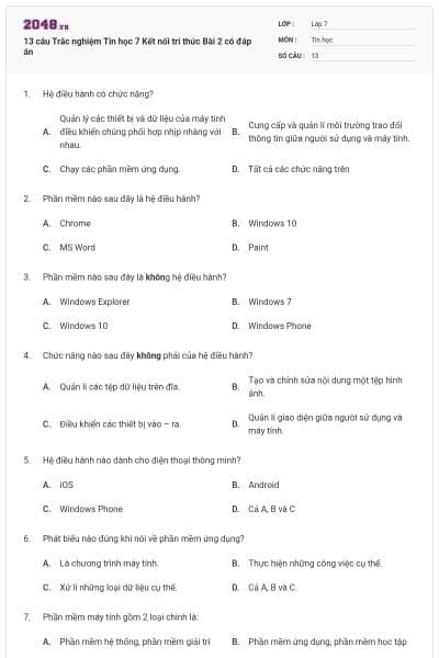 13 câu Trắc nghiệm Tin học 7 Kết nối tri thức Bài 2 có đáp án