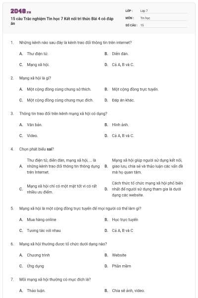 15 câu Trắc nghiệm Tin học 7 Kết nối tri thức Bài 4 có đáp án