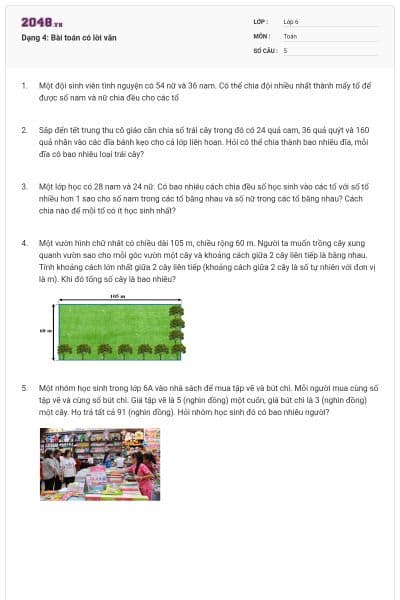 Dạng 4: Bài toán có lời văn
