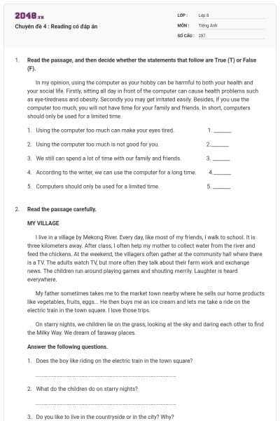 Chuyên đề 4 : Reading có đáp án