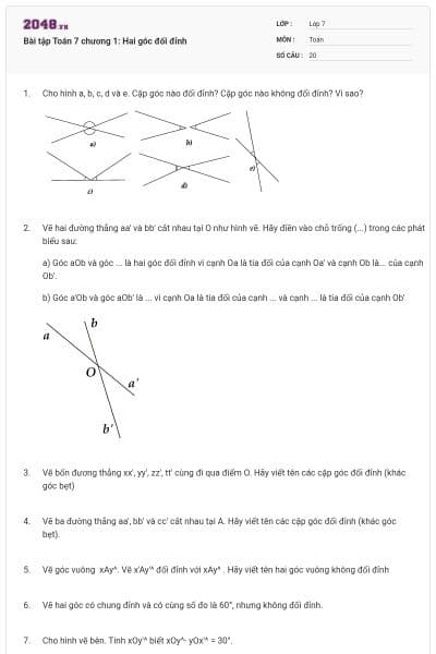 Bài tập Toán 7 chương 1: Hai góc đối đỉnh