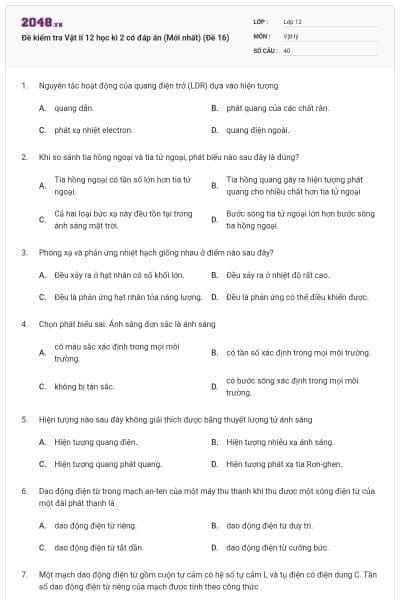 Đề kiểm tra Vật lí 12 học kì 2 có đáp án (Mới nhất) (Đề 16)