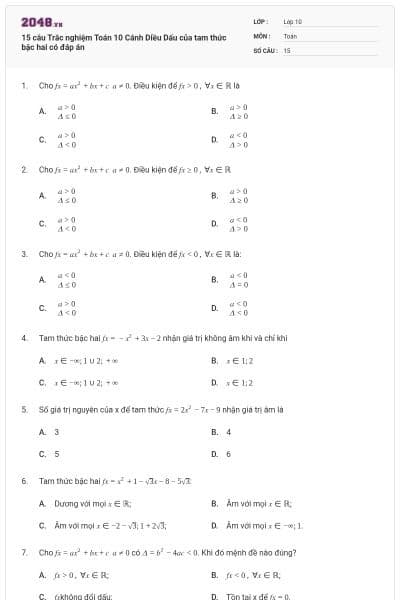 15 câu Trắc nghiệm Toán 10 Cánh Diều Dấu của tam thức bậc hai có đáp án