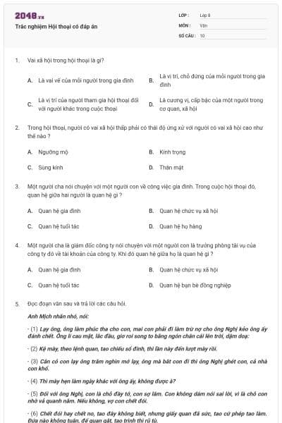 Trắc nghiệm Hội thoại có đáp án