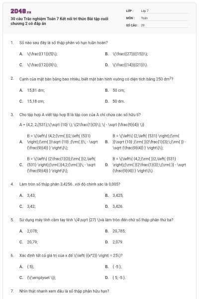 30 câu Trắc nghiệm Toán 7 Kết nối tri thức Bài tập cuối chương 2 có đáp án