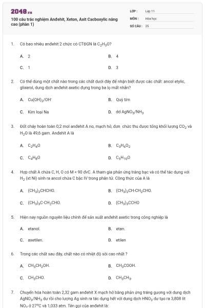 100 câu trắc nghiệm Anđehit, Xeton, Axit Cacboxylic nâng cao (phần 1)