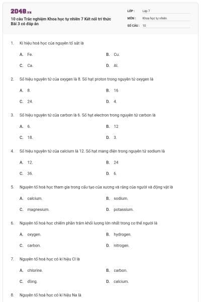 10 câu Trắc nghiệm Khoa học tự nhiên 7 Kết nối tri thức Bài 3 có đáp án