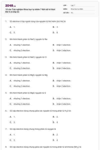 10 câu Trắc nghiệm Khoa học tự nhiên 7 Kết nối tri thức Bài 6 có đáp án