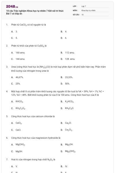 10 câu Trắc nghiệm Khoa học tự nhiên 7 Kết nối tri thức Bài 7 có đáp án