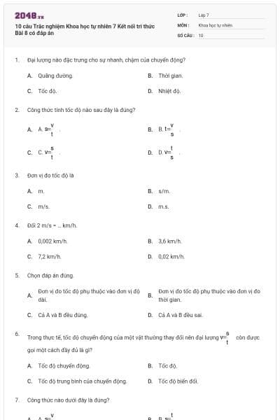 10 câu Trắc nghiệm Khoa học tự nhiên 7 Kết nối tri thức Bài 8 có đáp án