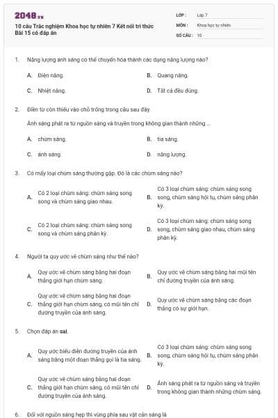 10 câu Trắc nghiệm Khoa học tự nhiên 7 Kết nối tri thức Bài 15 có đáp án