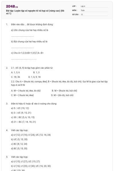 Bài tập: Luyện tập số nguyên tố và hợp số (nâng cao) (Đề số 1)