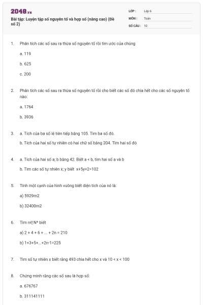 Bài tập: Luyện tập số nguyên tố và hợp số (nâng cao) (Đề số 2)