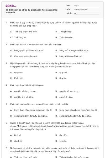 Bộ 3 Đề kiểm tra GDCD 12 giữa học kì 2 có đáp án (Mới nhất) - đề 1