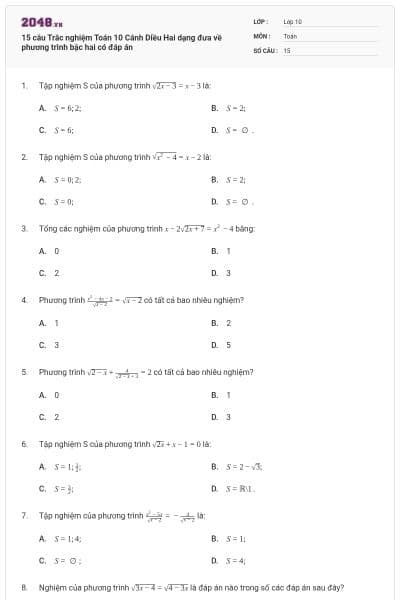 15 câu Trắc nghiệm Toán 10 Cánh Diều Hai dạng đưa về phương trình bậc hai có đáp án