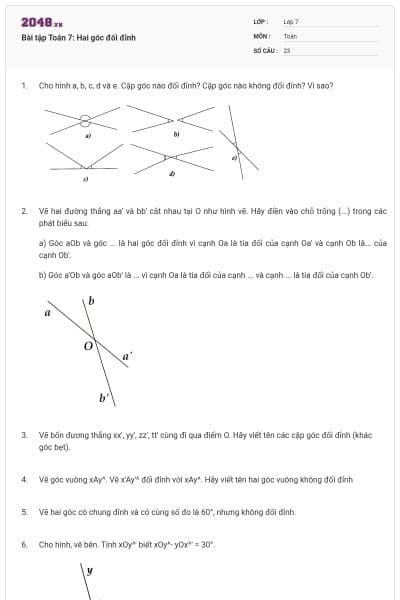 Bài tập Toán 7: Hai góc đối đỉnh