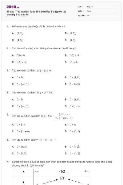 30 câu Trắc nghiệm Toán 10 Cánh Diều Bài tập ôn tập chương 3 có đáp án