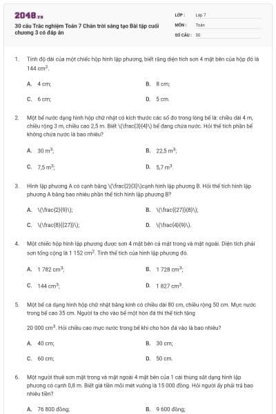 30 câu Trắc nghiệm Toán 7 Chân trời sáng tạo Bài tập cuối chương 3 có đáp án