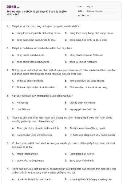 Bộ 3 Đề kiểm tra GDCD 12 giữa học kì 2 có đáp án (Mới nhất) - đề 2
