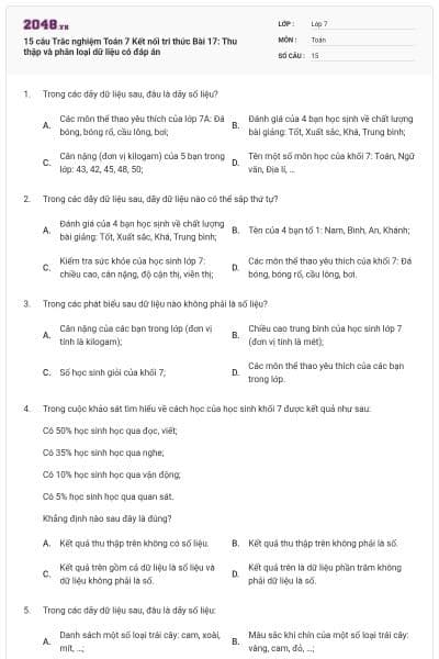 15 câu Trắc nghiệm Toán 7 Kết nối tri thức Bài 17: Thu thập và phân loại dữ liệu có đáp án
