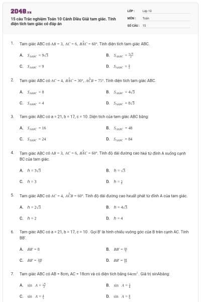 15 câu Trắc nghiệm Toán 10 Cánh Diều Giải tam giác. Tính diện tích tam giác có đáp án