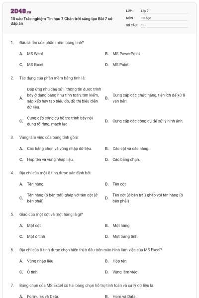 15 câu Trắc nghiệm Tin học 7 Chân trời sáng tạo Bài 7 có đáp án
