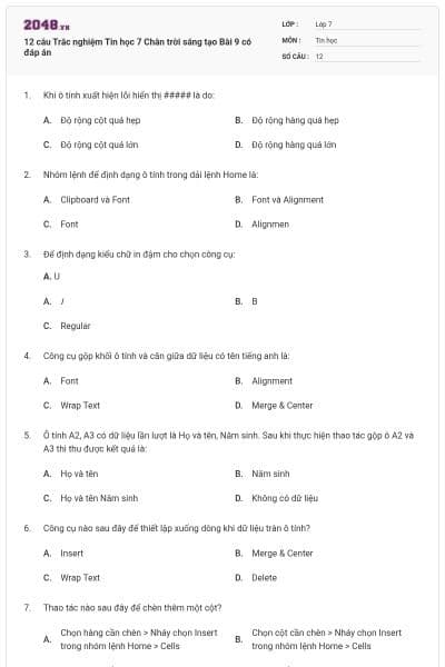 12 câu Trắc nghiệm Tin học 7 Chân trời sáng tạo Bài 9 có đáp án