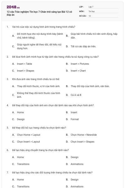 12 câu Trắc nghiệm Tin học 7 Chân trời sáng tạo Bài 12 có đáp án