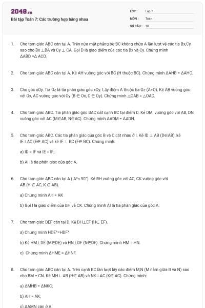 Bài tập Toán 7: Các trường hợp bằng nhau