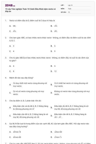 15 câu Trắc nghiệm Toán 10 Cánh Diều Khái niệm vectơ có đáp án