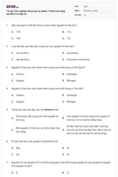 10 câu Trắc nghiệm Khoa học tự nhiên 7 Chân trời sáng tạo Bài 3 có đáp án