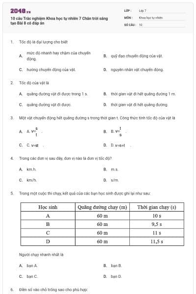 10 câu Trắc nghiệm Khoa học tự nhiên 7 Chân trời sáng tạo Bài 8 có đáp án