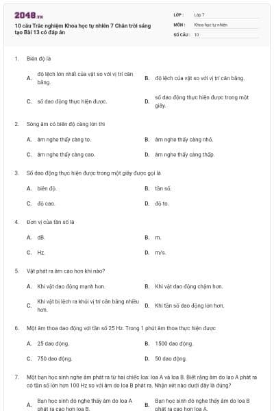 10 câu Trắc nghiệm Khoa học tự nhiên 7 Chân trời sáng tạo Bài 13 có đáp án